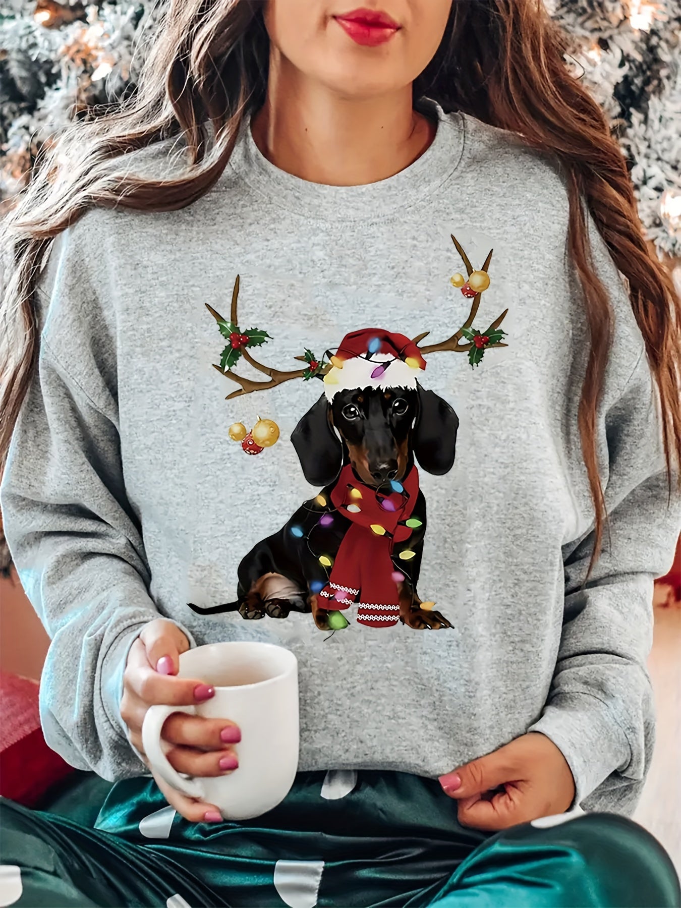 Cozy Women's Festive Dachshund Print Sweatshirt - Polyester Crew Neck Casual Knit Fabric Animal Pattern Regular Length Fashion Top for All Seasons