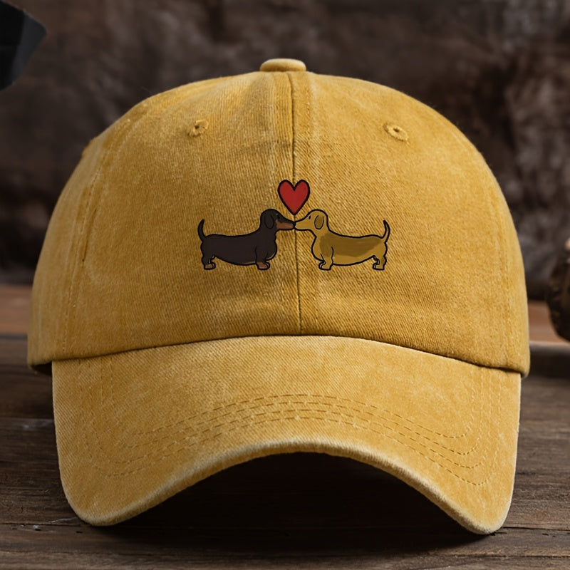 1 Vintage-Style Black Baseball Cap with Adorable Dachshund & Heart Cartoon Print - Breathable, Sun-Protective, Machine Washable Textured Fabric Hat for Outdoor Fashion
