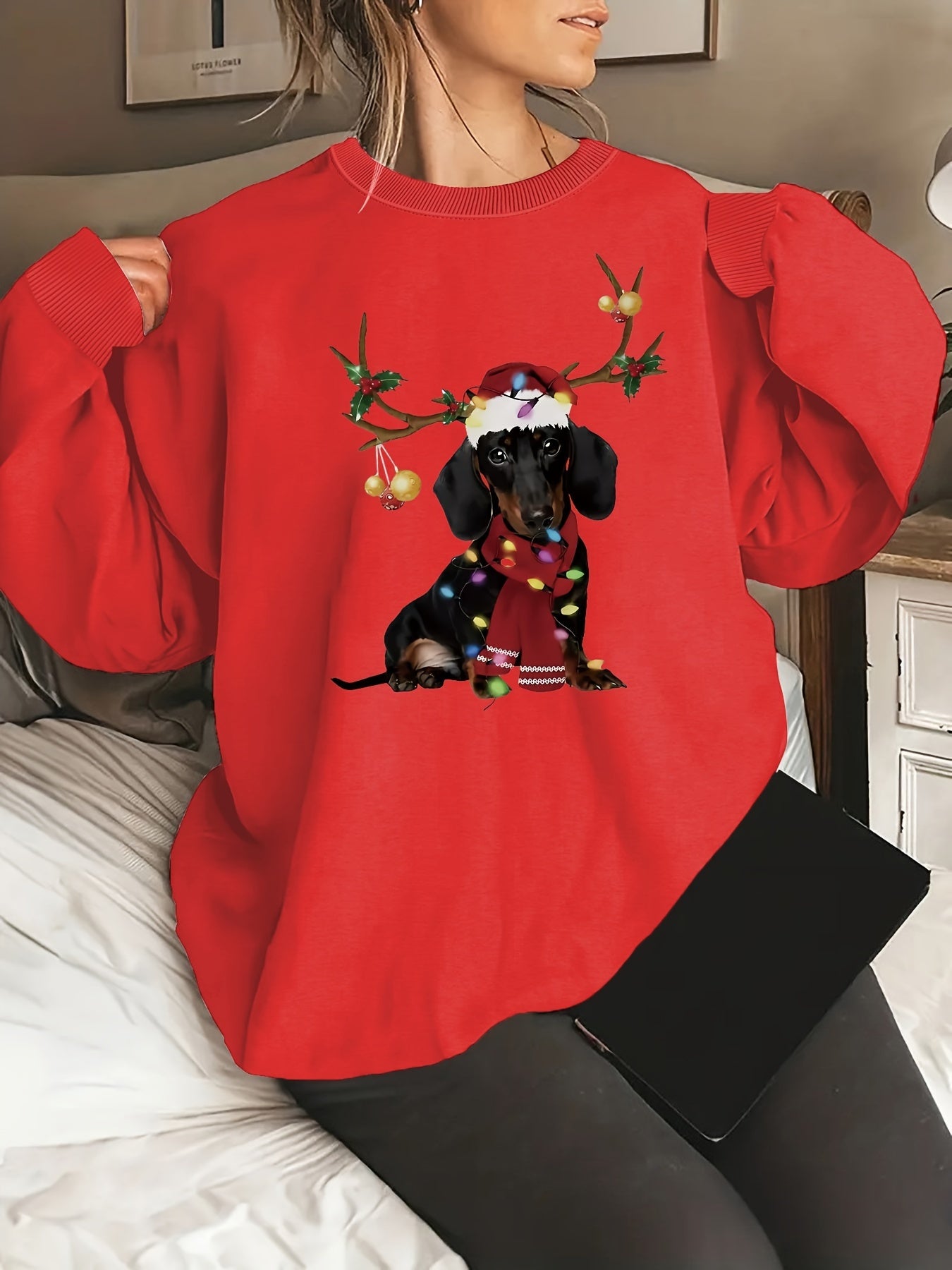 Cozy Women's Festive Dachshund Print Sweatshirt - Polyester Crew Neck Casual Knit Fabric Animal Pattern Regular Length Fashion Top for All Seasons