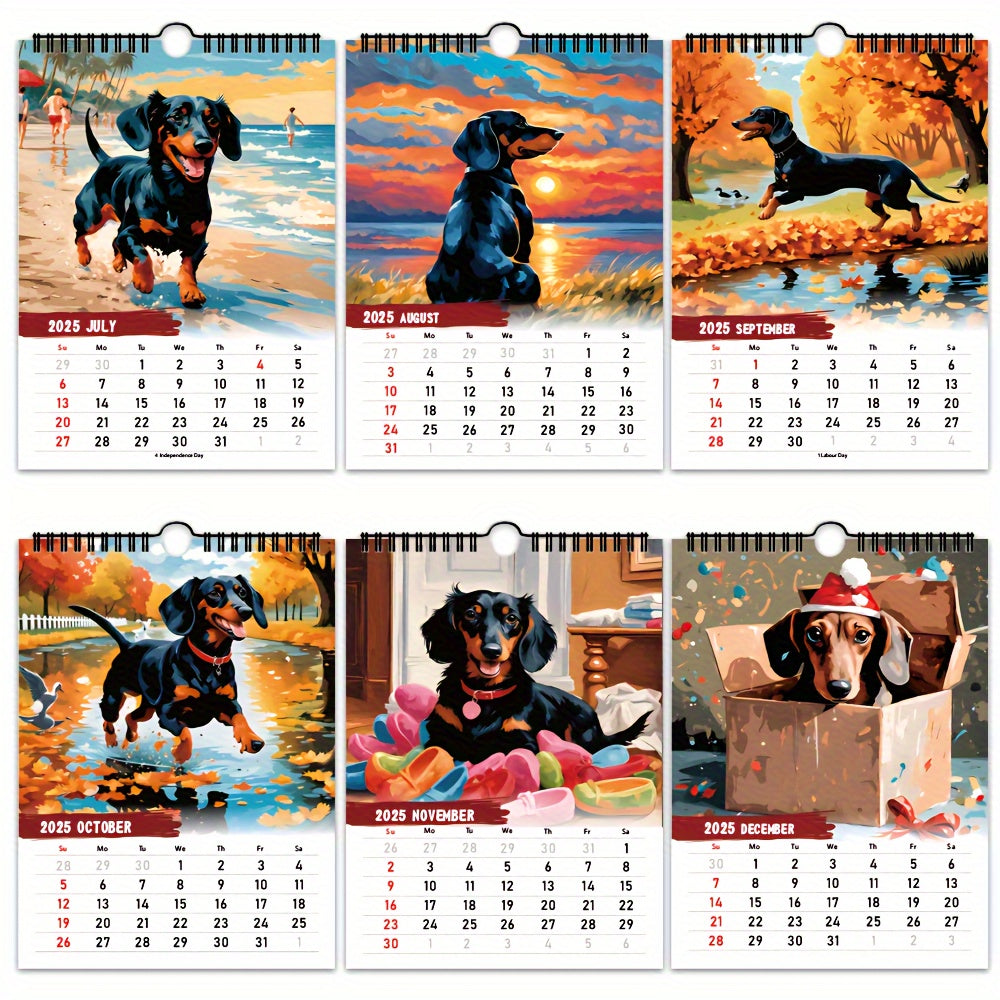 Calendario de pared con un perro salchicha adorable para 2025, un divertido regalo de Navidad.