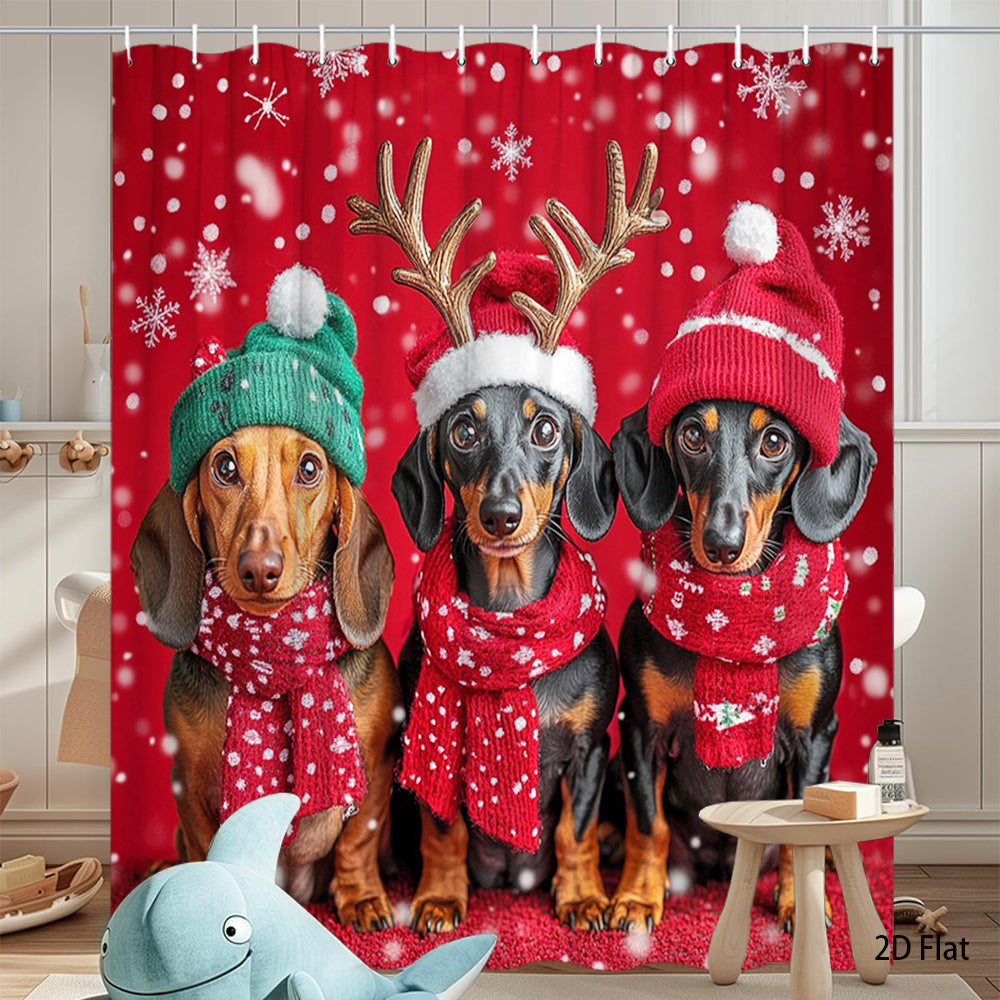 1pc Adorable Dachshund Dog Shower Curtain with Hooks - Winter Holiday Bath Decor, Cute Dachshunds in Hats & Scarves, Large 70.8x70.8 Inch, Machine Washable Bathroom Curtain for Bathtub (Dachshund Lovers Gift), 2D Flat