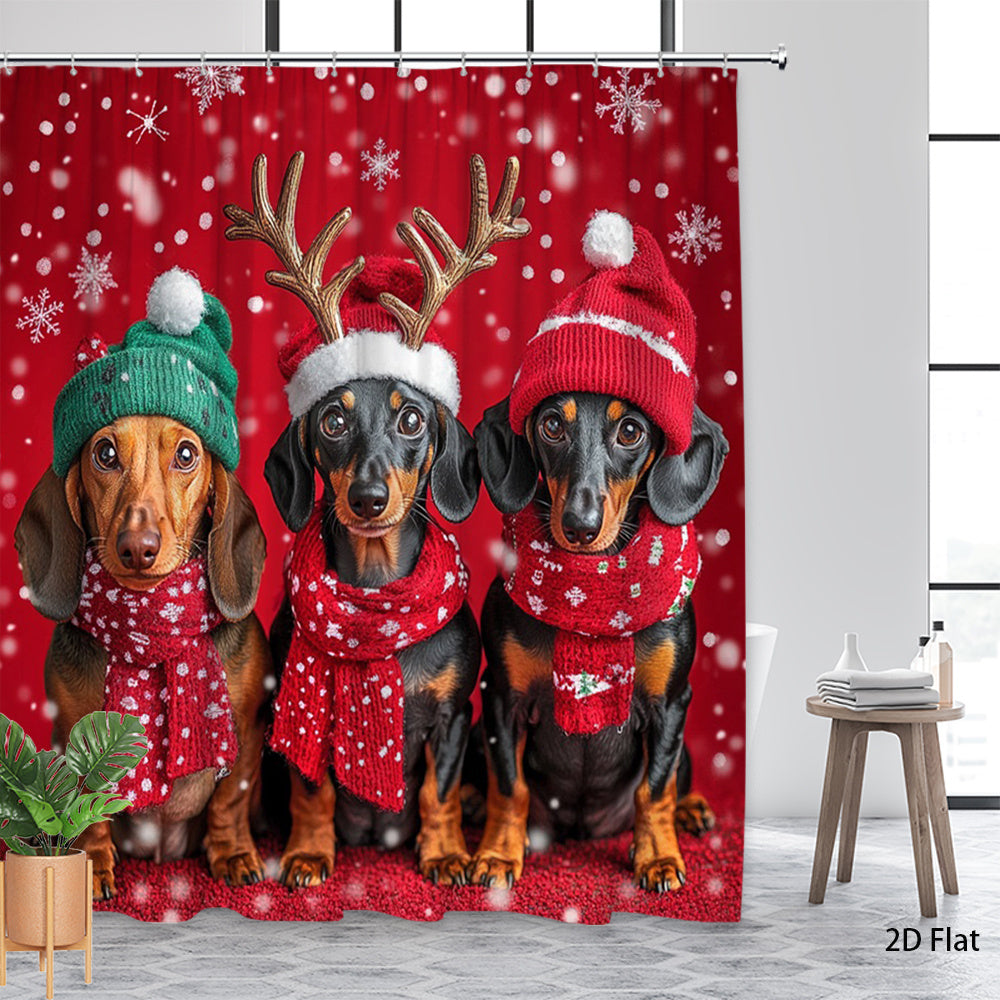 1pc Adorable Dachshund Dog Shower Curtain with Hooks - Winter Holiday Bath Decor, Cute Dachshunds in Hats & Scarves, Large 70.8x70.8 Inch, Machine Washable Bathroom Curtain for Bathtub (Dachshund Lovers Gift), 2D Flat