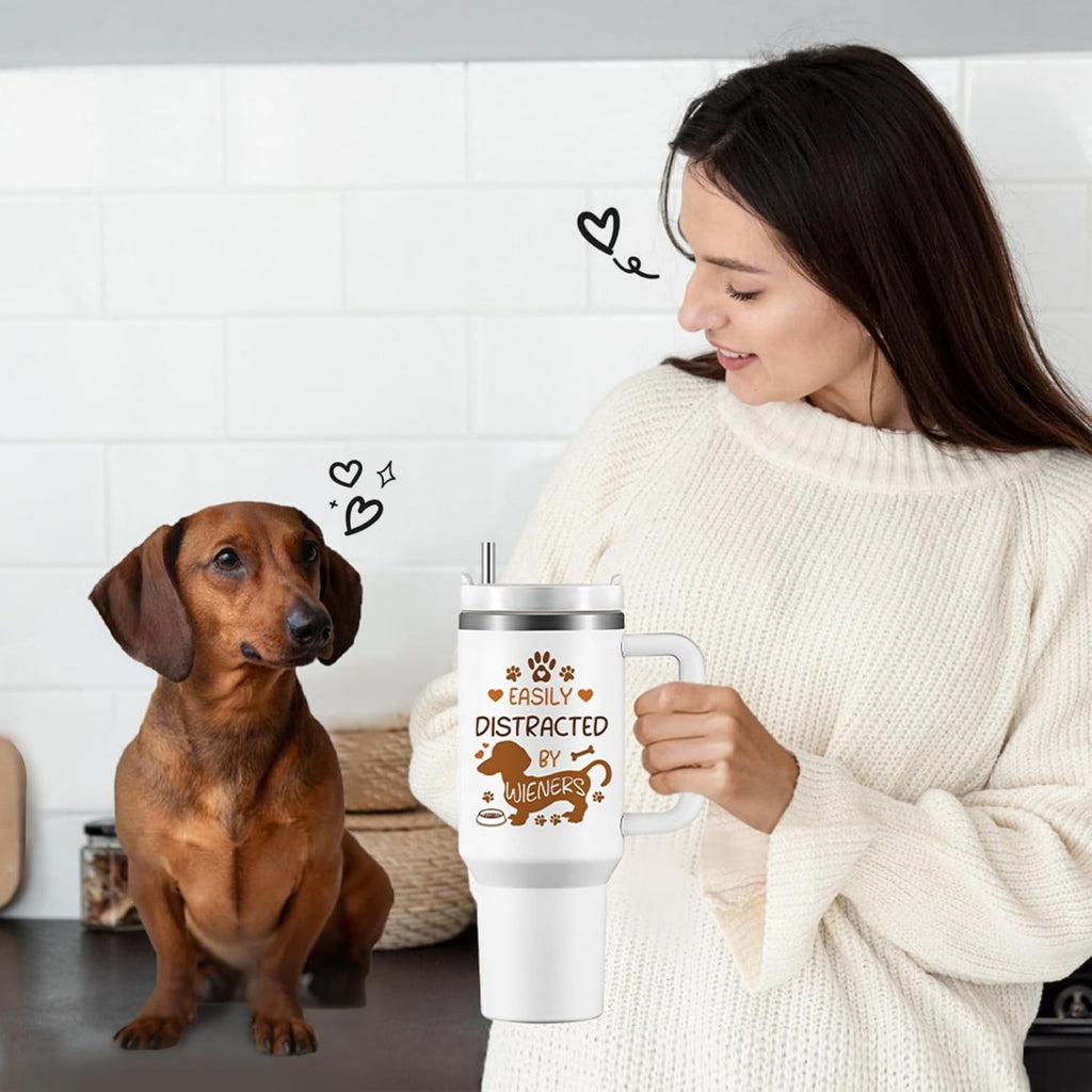 40oz Dachshund-Themed Stainless Steel Tumbler with Handle and Straw Lid – Ideal Gift for Dog Lovers, Wiener Dog Facts Design, Leak-Proof, Double-Wall Vacuum Insulated, Includes Cleaning Brush