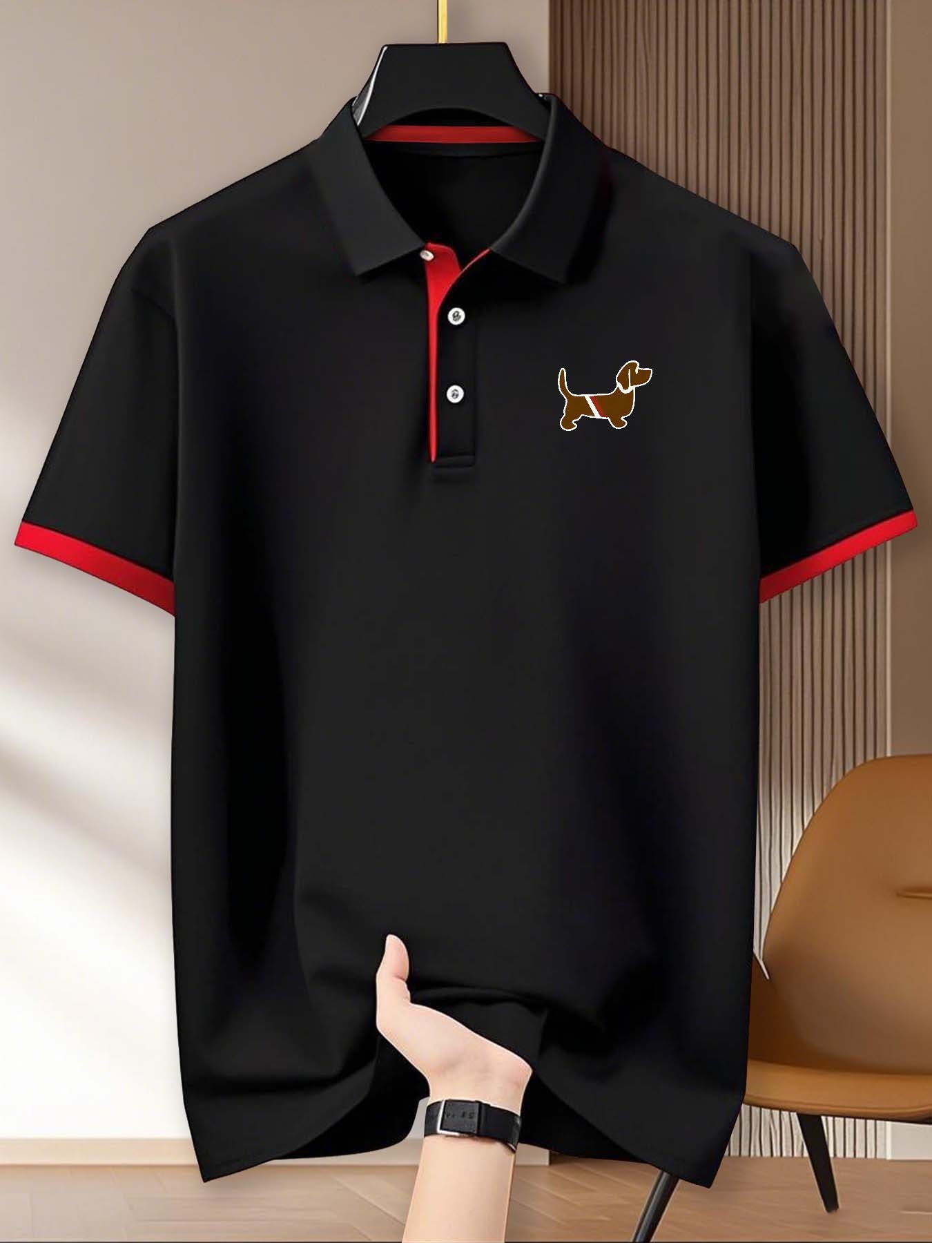Dachshund Print Men'S Casual Polo Shirt, Short Sleeve for Summer, 100% Polyester, Vacation And Leisure, Comfortable Outdoor Golf Wear, Suitable for Gym, Fitness, Running, And Training, Business Casual Gift for Father And Boyf