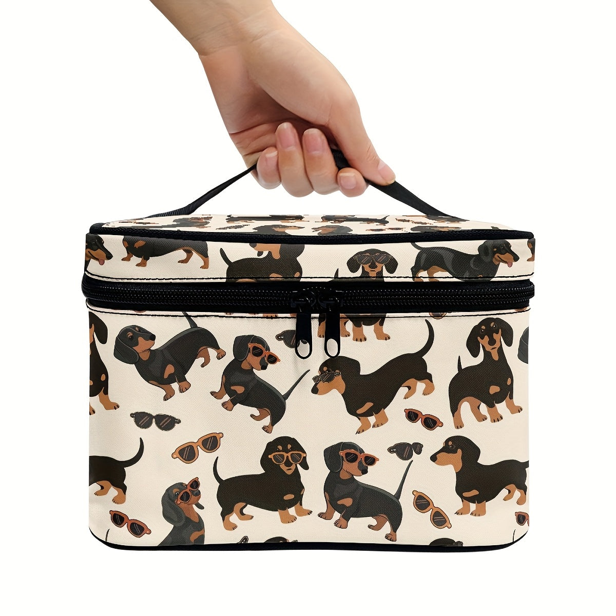 1pc Dachshund & Cat Pattern Handbag Cosmetic Bag, Portable Travel Makeup Organizer with Brush and Accessory Storage, Large Capacity Toiletry Case, Cute Fashionable Polyester Makeup Pouch