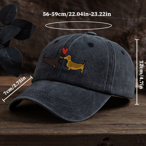 1 Vintage-Style Black Baseball Cap with Adorable Dachshund & Heart Cartoon Print - Breathable, Sun-Protective, Machine Washable Textured Fabric Hat for Outdoor Fashion