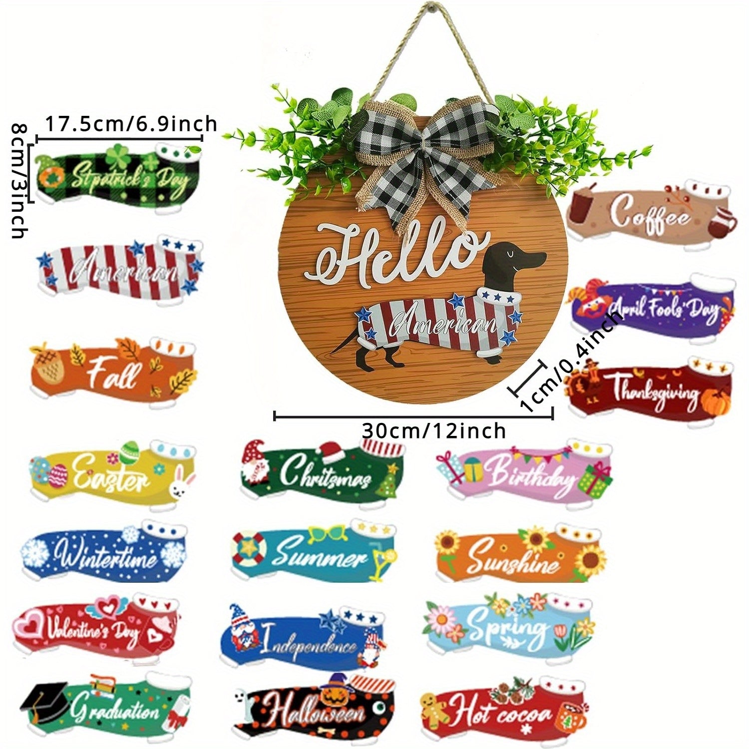 1pc Rustic Dachshund Dog Wooden Door Hanger Ornament - 18 Pcs Interchangeable Seasonal Home Decor, Replaceable Hanging Vertical Welcome Sign, Perfect for Outdoor Xmas and Fall Decor, Front Door, Porch, Wall Decoration