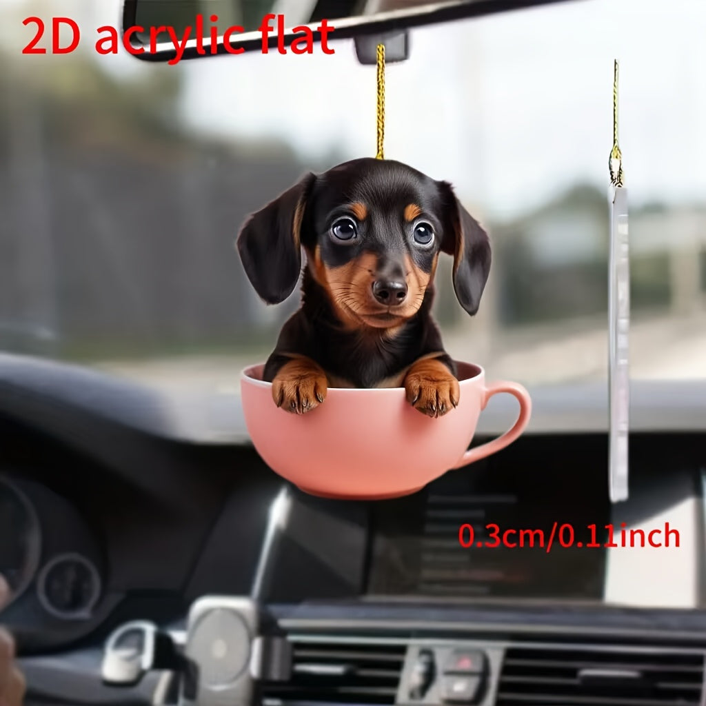Dachshund in Tea Cup Acrylic Car Mirror Charm - Versatile Hanging Ornament for Vehicle & Backpack Decor Dachshund Car Accessories Acrylic Bulldog Car Ornament