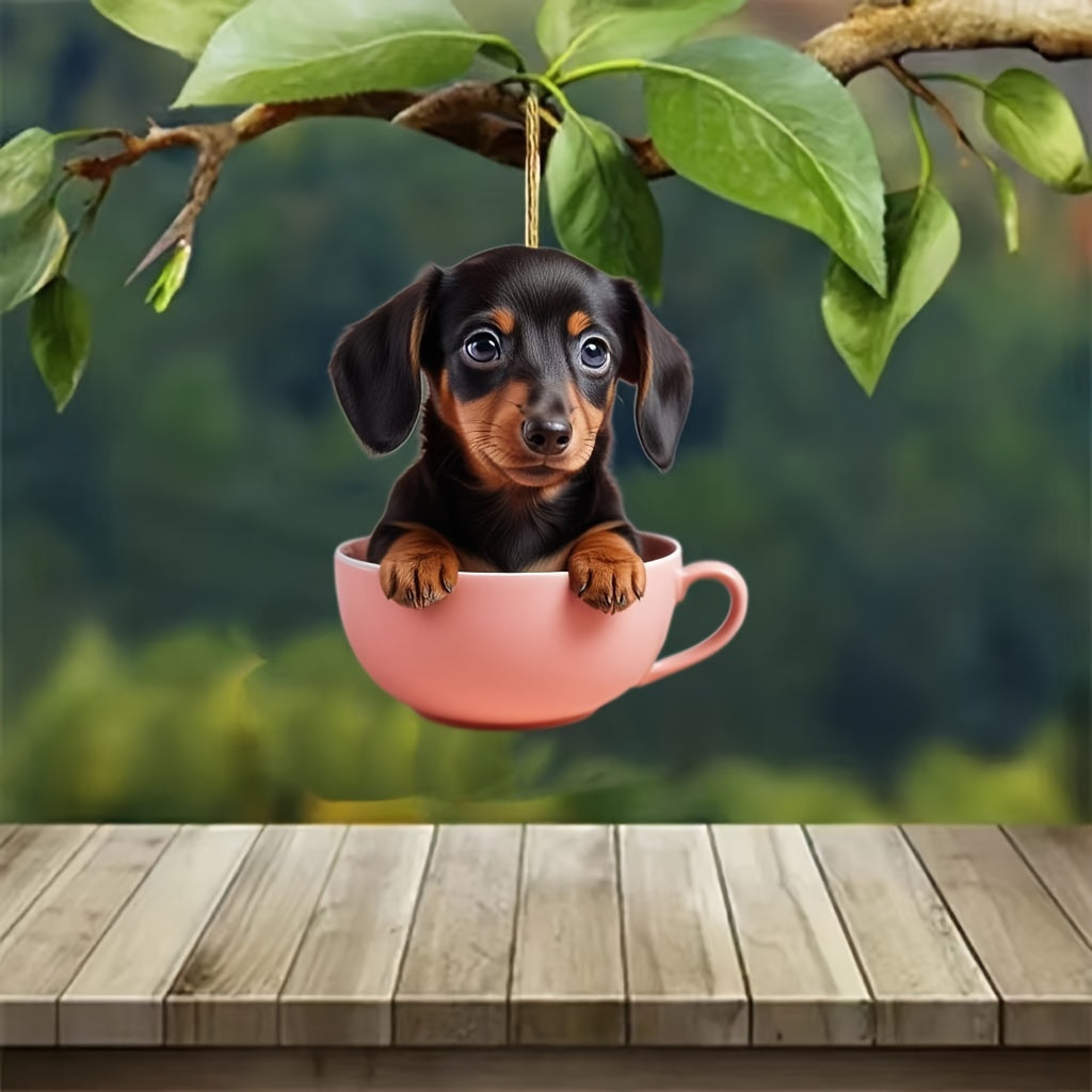 Dachshund in Tea Cup Acrylic Car Mirror Charm - Versatile Hanging Ornament for Vehicle & Backpack Decor Dachshund Car Accessories Acrylic Bulldog Car Ornament
