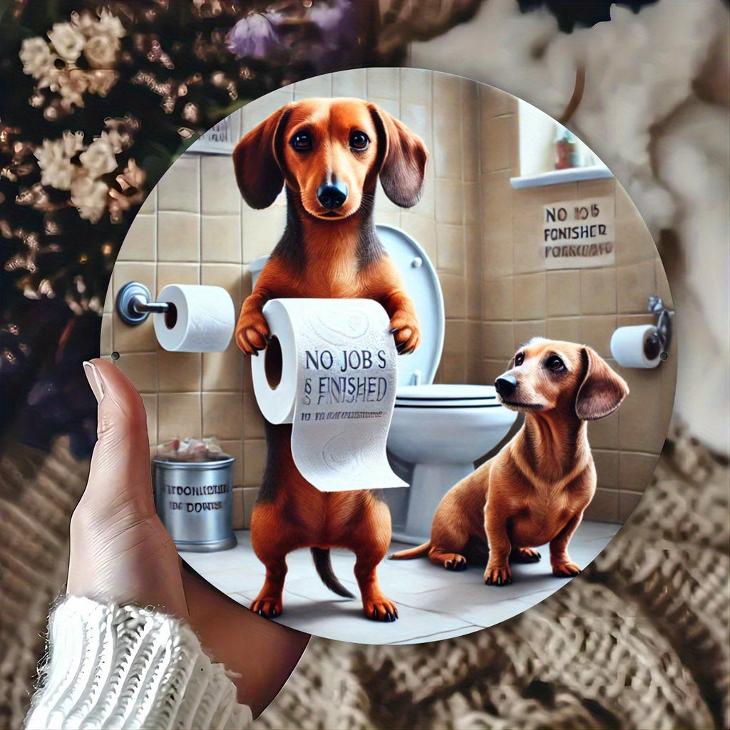 Dachshund Bathroom Decor Sign - 7.8x7.8" Round Metal Wall Art, Funny Animal Design for Home, Bar, Cafe & Club