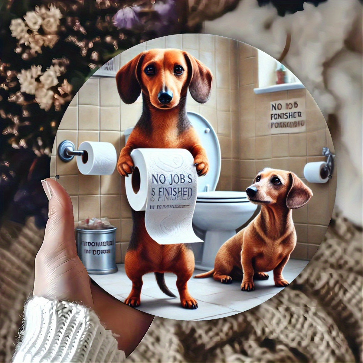 Dachshund Bathroom Decor Sign - 7.8x7.8" Round Metal Wall Art, Funny Animal Design for Home, Bar, Cafe & Club