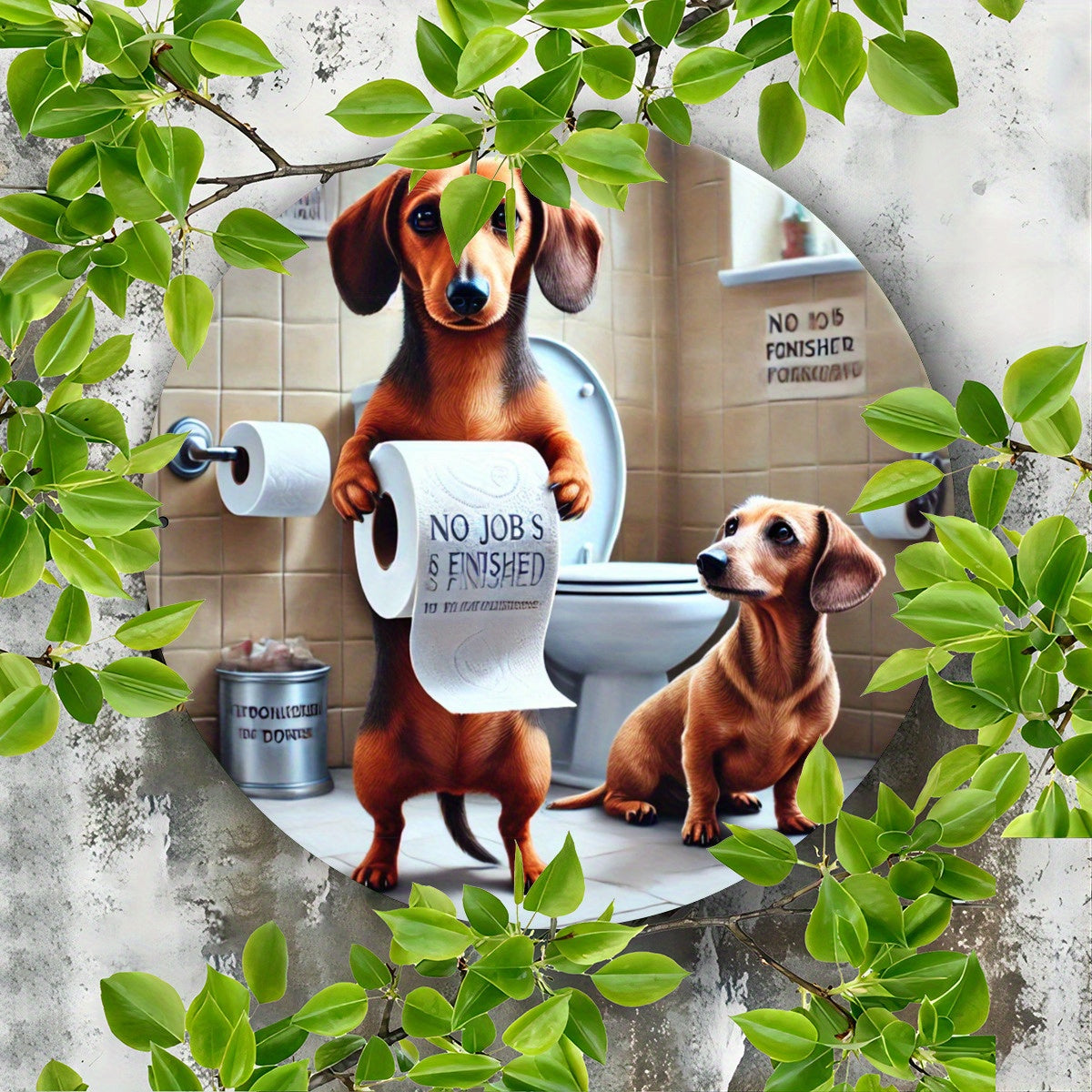 Dachshund Bathroom Decor Sign - 7.8x7.8" Round Metal Wall Art, Funny Animal Design for Home, Bar, Cafe & Club