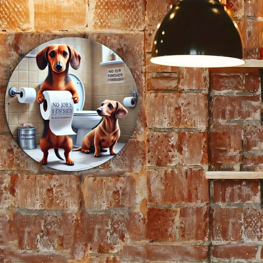 Dachshund Bathroom Decor Sign - 7.8x7.8" Round Metal Wall Art, Funny Animal Design for Home, Bar, Cafe & Club