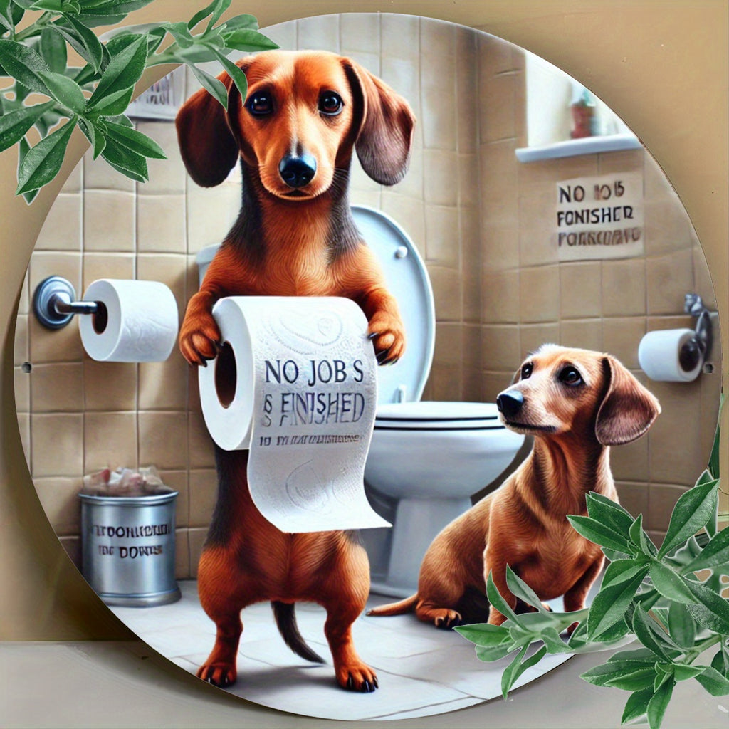 Dachshund Bathroom Decor Sign - 7.8x7.8" Round Metal Wall Art, Funny Animal Design for Home, Bar, Cafe & Club
