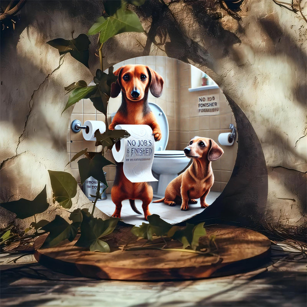 Dachshund Bathroom Decor Sign - 7.8x7.8" Round Metal Wall Art, Funny Animal Design for Home, Bar, Cafe & Club