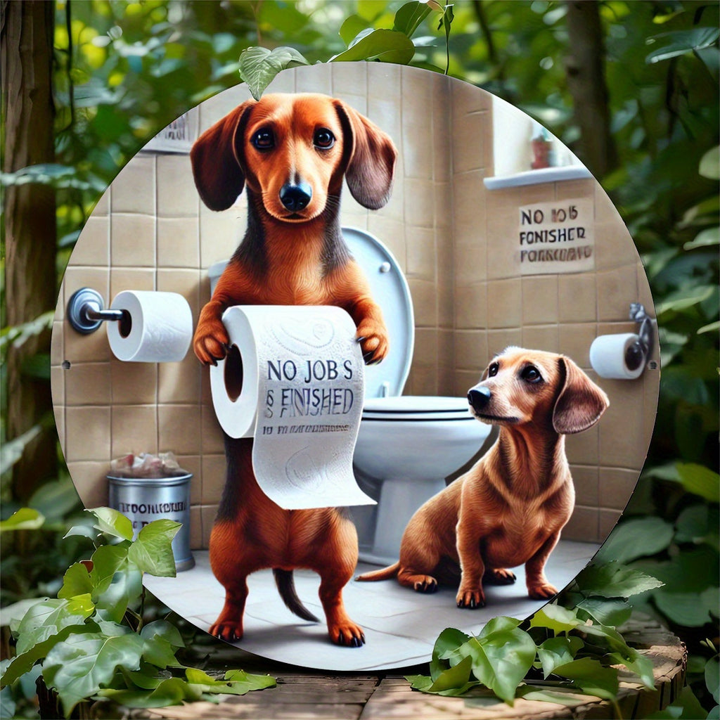 Dachshund Bathroom Decor Sign - 7.8x7.8" Round Metal Wall Art, Funny Animal Design for Home, Bar, Cafe & Club