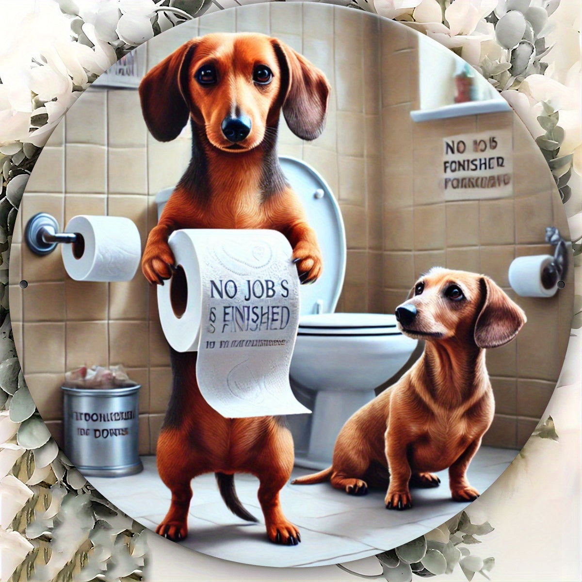 Dachshund Bathroom Decor Sign - 7.8x7.8" Round Metal Wall Art, Funny Animal Design for Home, Bar, Cafe & Club