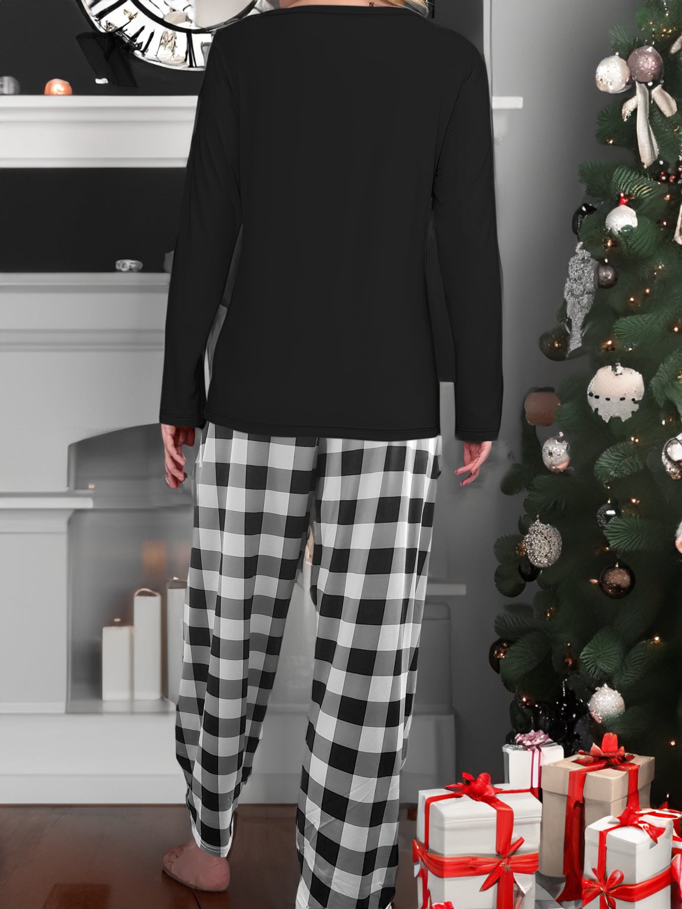 Festive Dachshund Pajama Set: Long Sleeve Top with Striped Dachshund Design and Checkered Pants - Perfect for Cozy Nights In