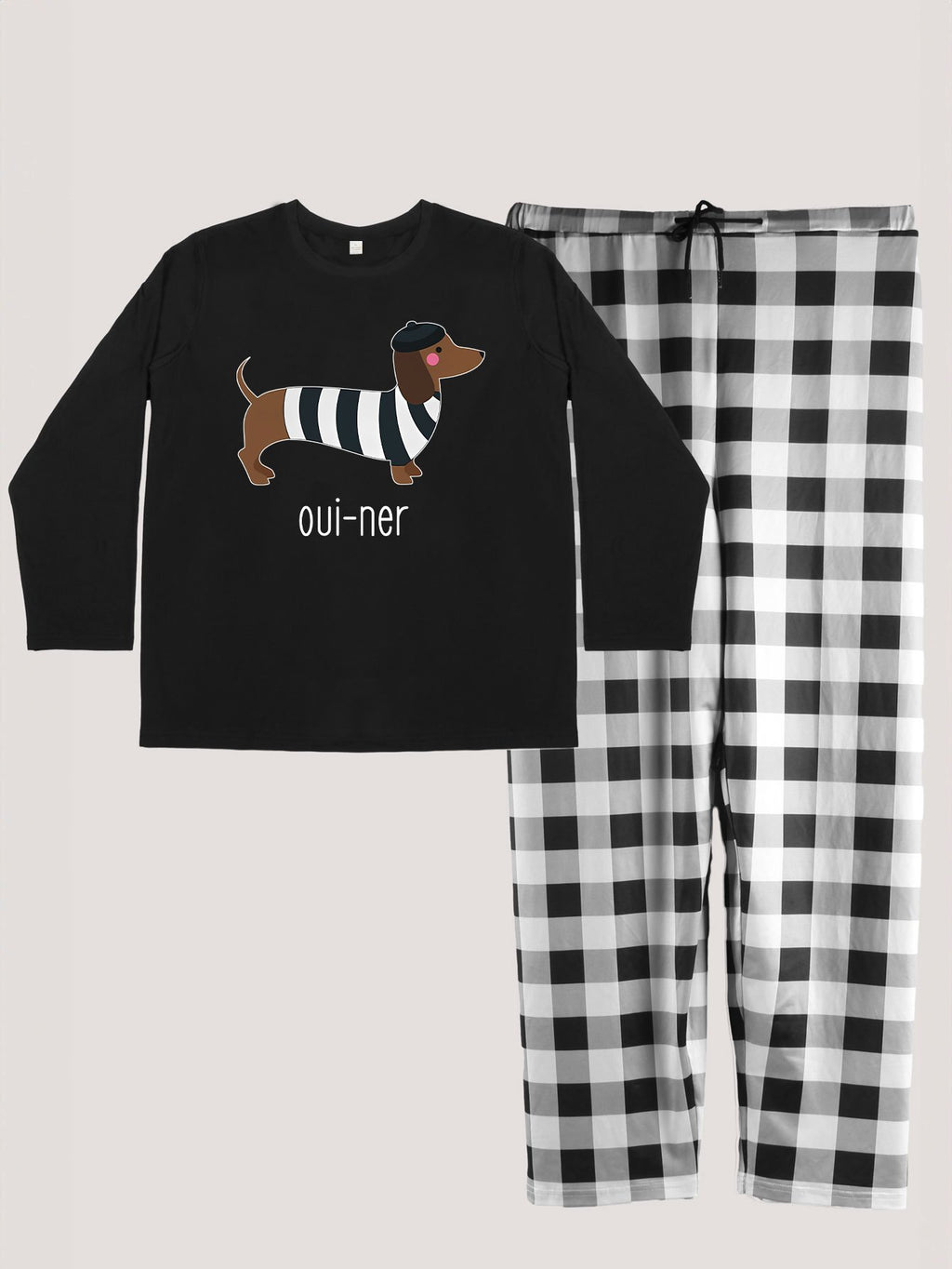 Festive Dachshund Pajama Set: Long Sleeve Top with Striped Dachshund Design and Checkered Pants - Perfect for Cozy Nights In