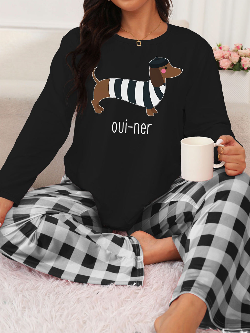 Festive Dachshund Pajama Set: Long Sleeve Top with Striped Dachshund Design and Checkered Pants - Perfect for Cozy Nights In