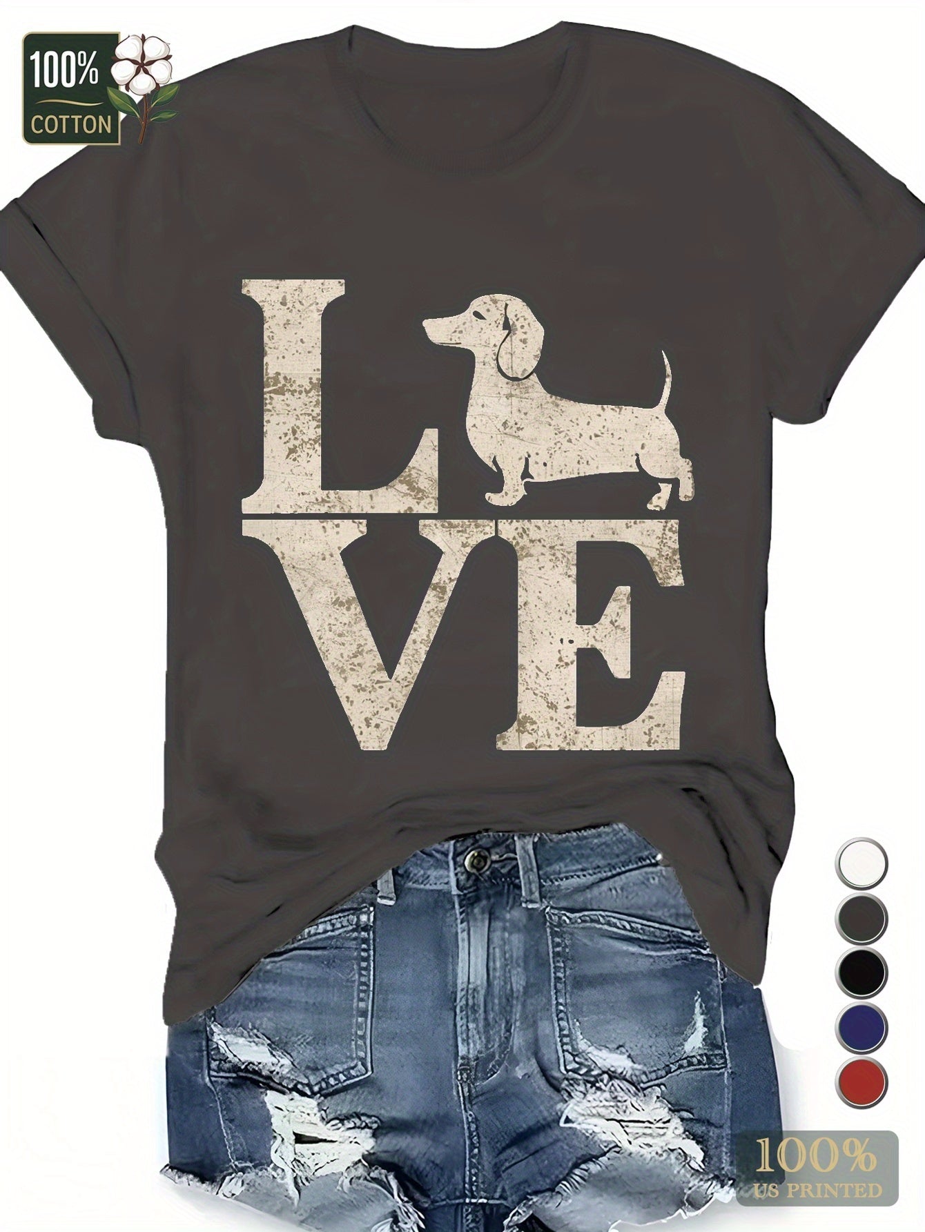 LOVE with Dachshund silhouette pure cotton women's Tshirt comfort fit