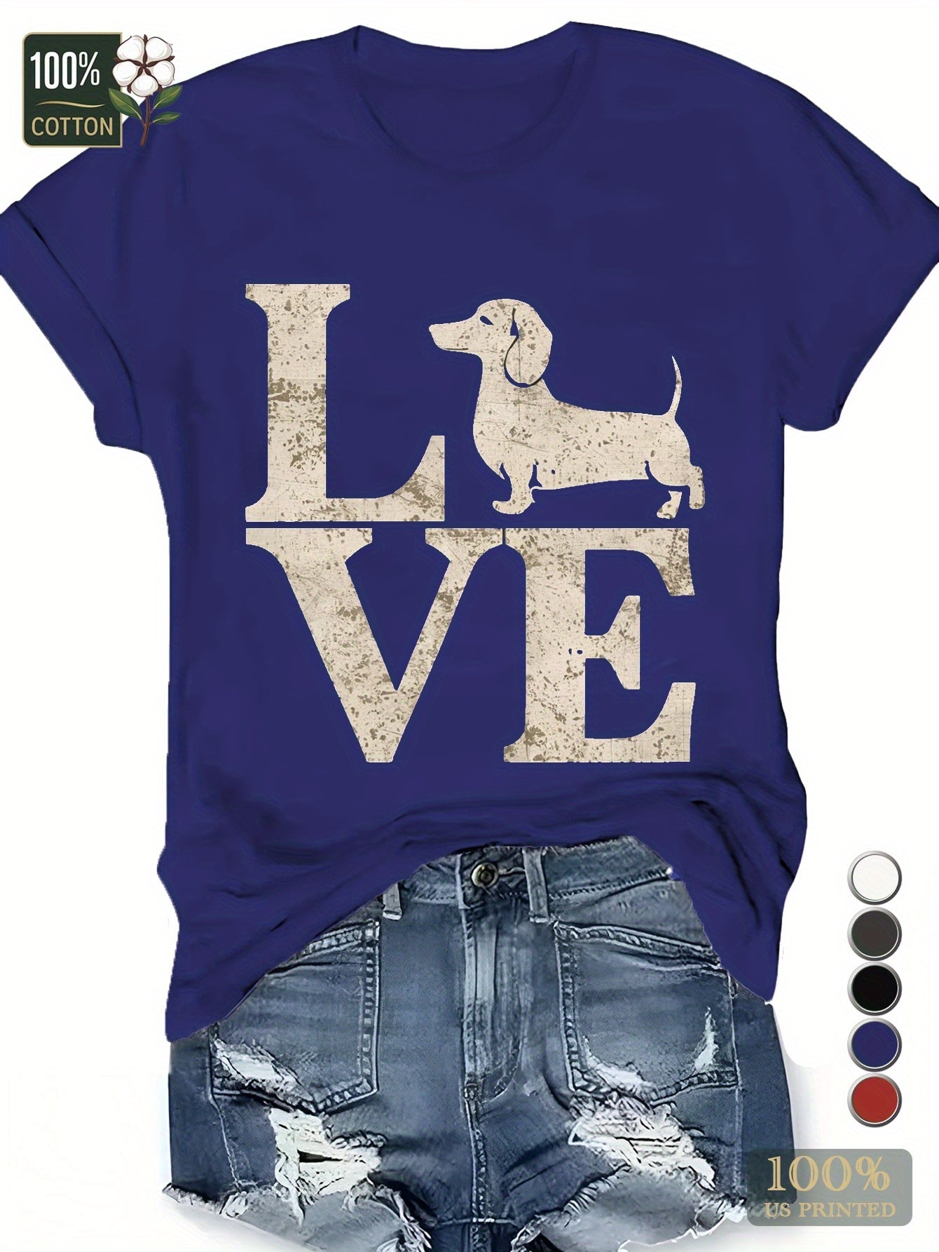 LOVE with Dachshund silhouette pure cotton women's Tshirt comfort fit