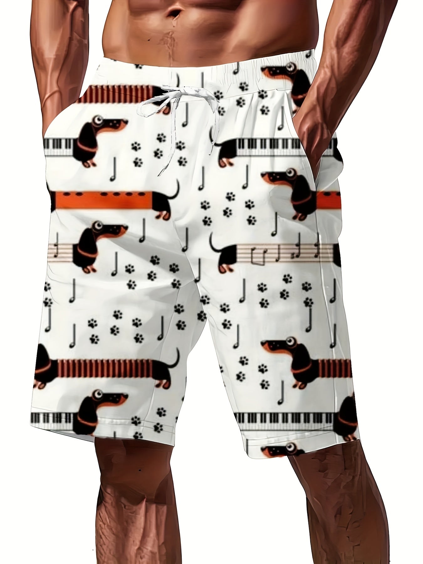 Men'S Casual Loose Fit Shorts with Vibrant 3D Print - Musical Note & Dachshund Design, Drawstring Waist, Lightweight Summer Fashion, Perfect for Casual Attire, Relaxed Outing Attire | Playful Print Shorts | Comfortable Fit