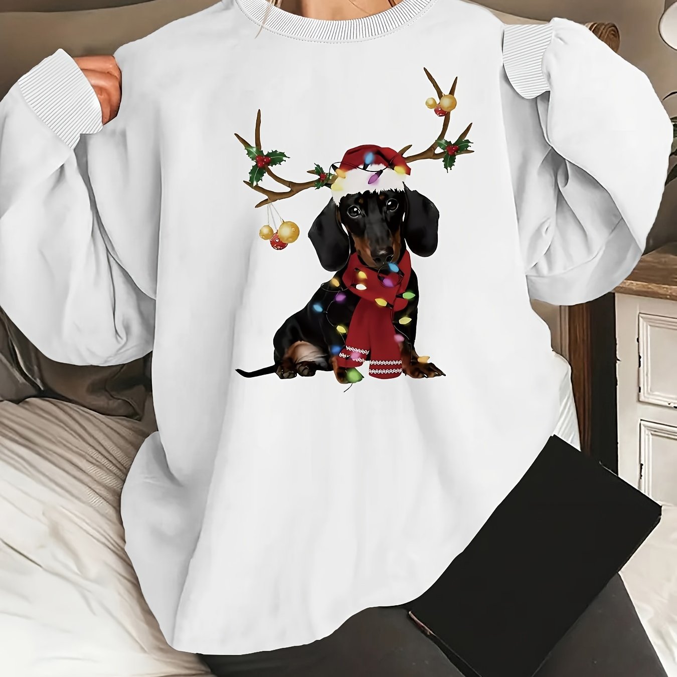 Cozy Women's Festive Dachshund Print Sweatshirt - Polyester Crew Neck Casual Knit Fabric Animal Pattern Regular Length Fashion Top for All Seasons