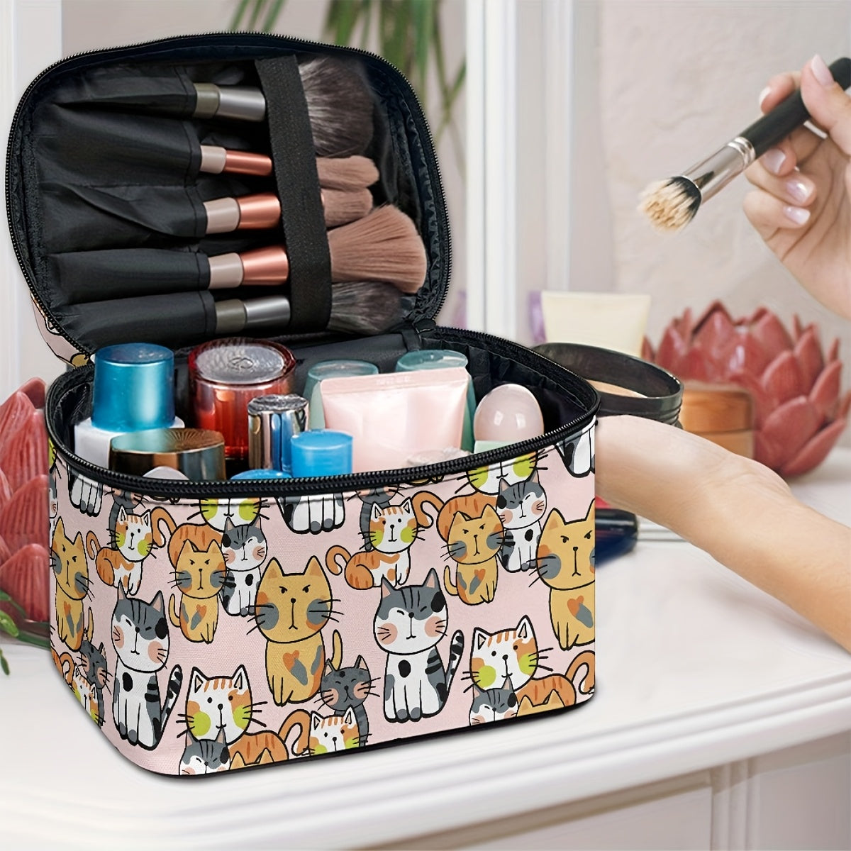 1pc Dachshund & Cat Pattern Handbag Cosmetic Bag, Portable Travel Makeup Organizer with Brush and Accessory Storage, Large Capacity Toiletry Case, Cute Fashionable Polyester Makeup Pouch