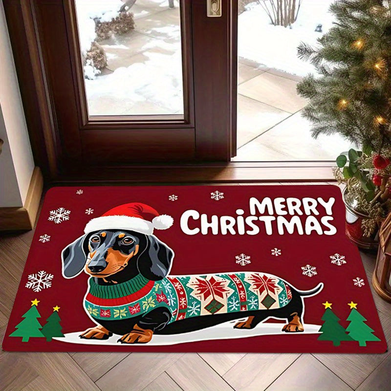 Festive Dachshund Christmas Doormat - Non-Slip Soft Indoor/Outdoor Entry Mat with Cute Dachshund in Santa Hat & Sweater, Plaid & Snowflake Design, "Merry Christmas" Lettering - Machine Washable Holiday Home Decor for Front Do