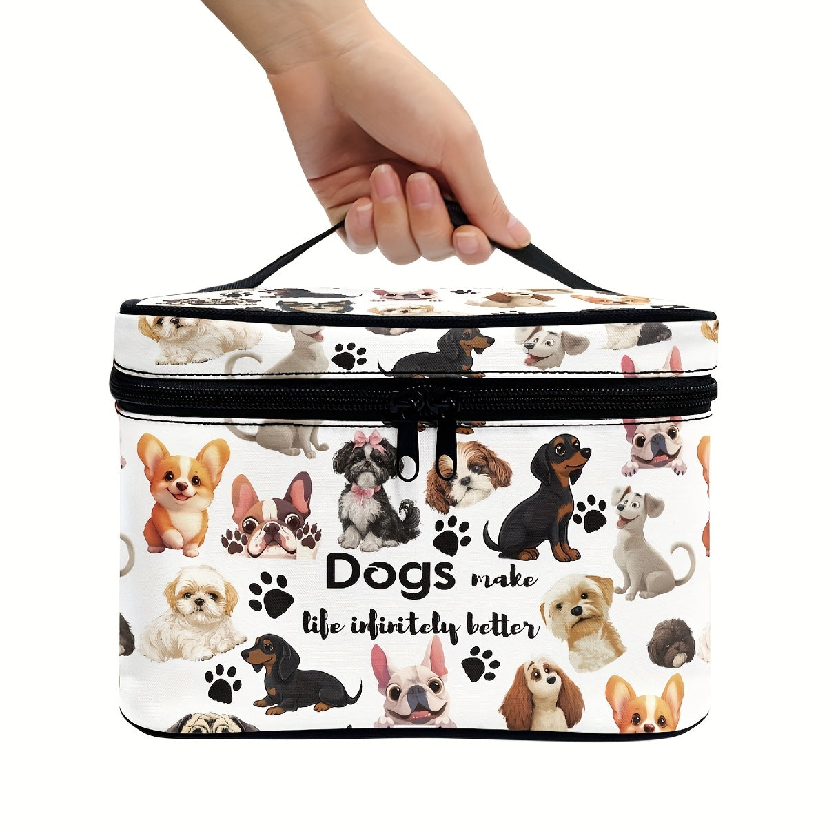 1pc Dachshund & Cat Pattern Handbag Cosmetic Bag, Portable Travel Makeup Organizer with Brush and Accessory Storage, Large Capacity Toiletry Case, Cute Fashionable Polyester Makeup Pouch