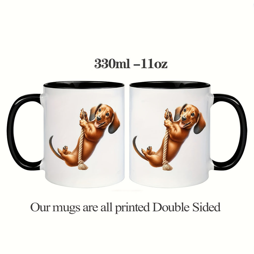 Ceramic Insulated Coffee Mug 11oz | Playful Dachshund Double-Sided Print | Microwave & Dishwasher Safe Mug for Home, Office, Party | Unique Gift for Men, Husband, Dad | 1 Piece