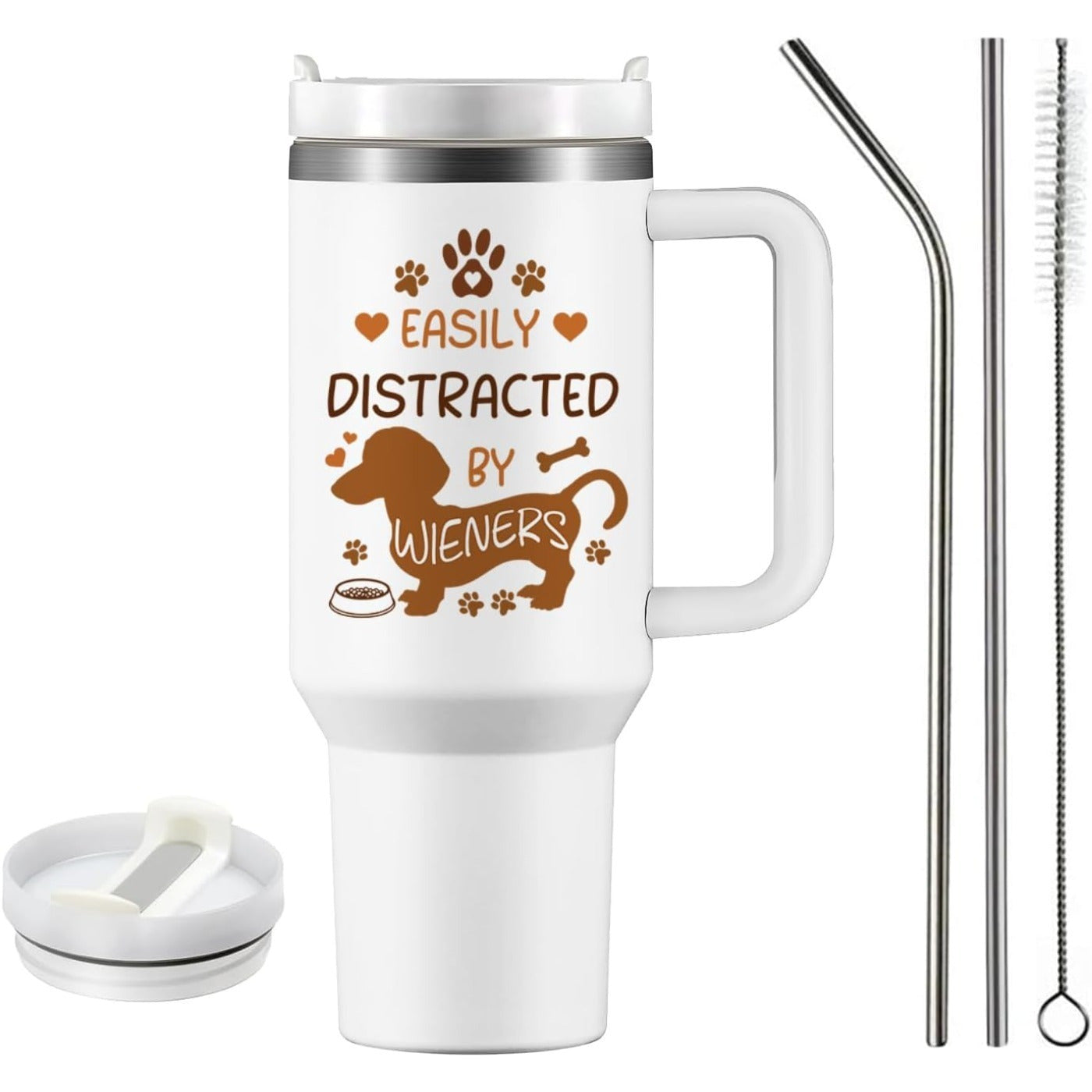 Vaso de acero inoxidable de 113 ml con diseño de perro salchicha, asa y tapa con pajita: regalo ideal para amantes de los perros. Diseño con datos sobre la salchicha, a prueba de fugas, aislamiento al vacío de doble pared, incluye cepillo de limpieza.