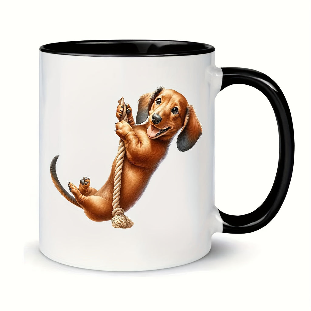 Ceramic Insulated Coffee Mug 11oz | Playful Dachshund Double-Sided Print | Microwave & Dishwasher Safe Mug for Home, Office, Party | Unique Gift for Men, Husband, Dad | 1 Piece