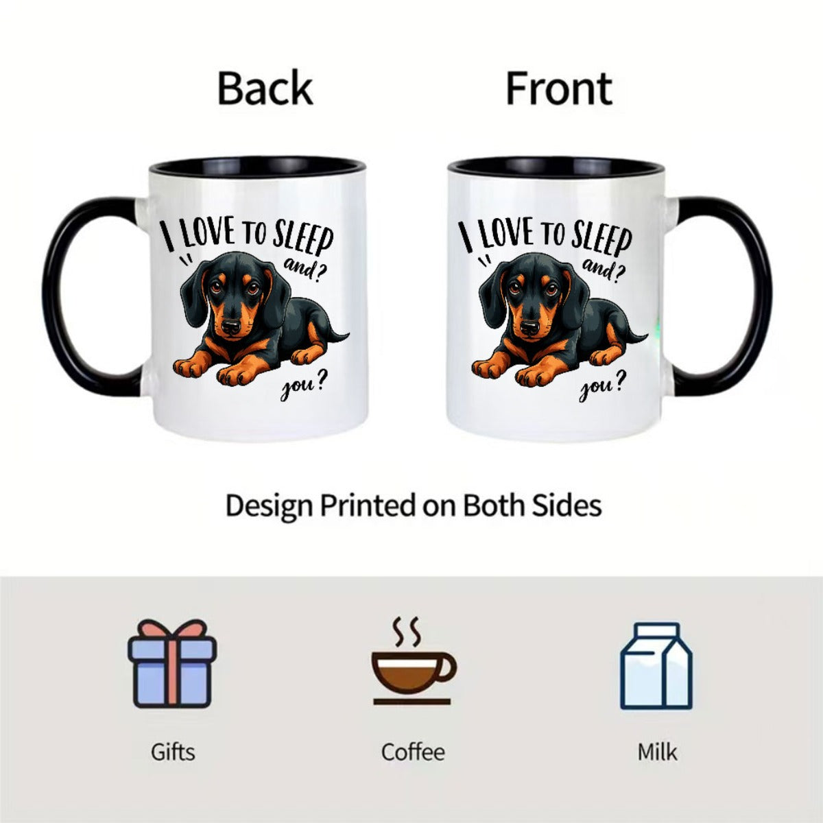 Adorable taza con un perro salchicha y la divertida frase "Me encanta dormir", perfecta para los amantes del café y el té. Un regalo ideal para fans, con un diseño divertido con un gráfico de perro salchicha.