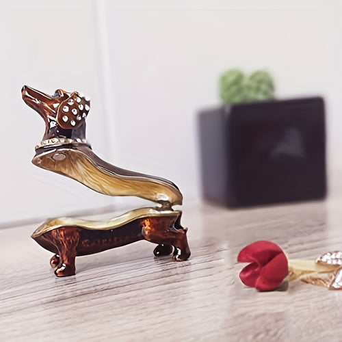 1pc Alloy Steel Bejeweled Dachshund Figurine Trinket Box - Miniature Puppy Sculpture with Glass Hinged Storage, Earrings & Ring Holder for Christmas Decor, Ideal Xmas Gift Ornament