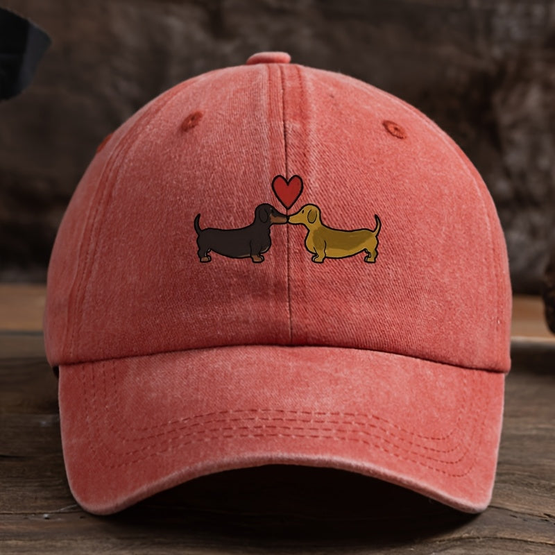 1 Vintage-Style Black Baseball Cap with Adorable Dachshund & Heart Cartoon Print - Breathable, Sun-Protective, Machine Washable Textured Fabric Hat for Outdoor Fashion