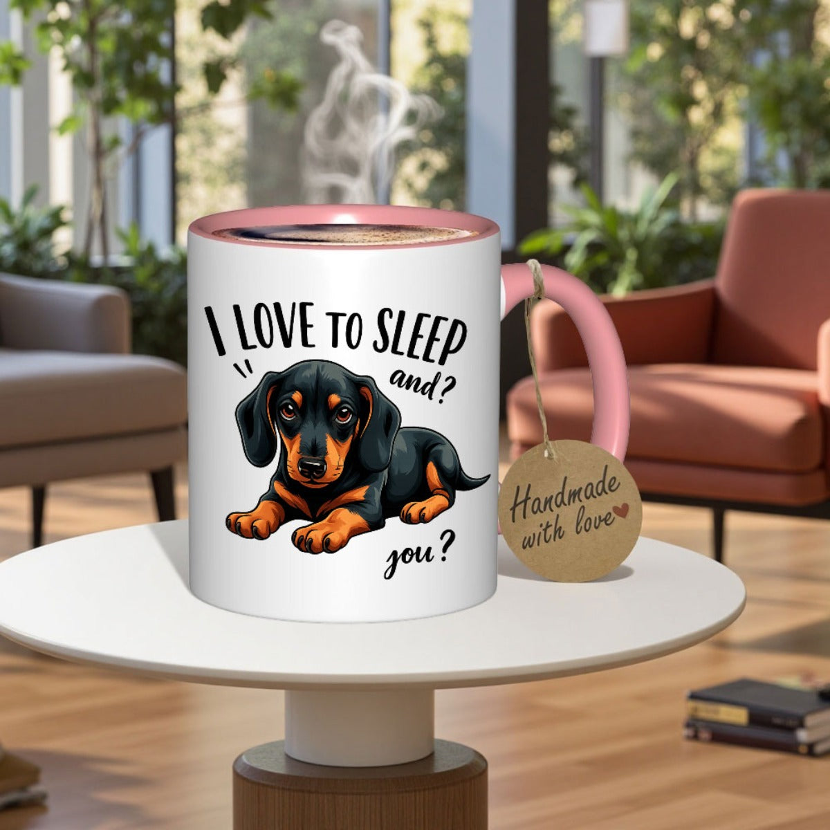 Adorable taza con un perro salchicha y la divertida frase "Me encanta dormir", perfecta para los amantes del café y el té. Un regalo ideal para fans, con un diseño divertido con un gráfico de perro salchicha.