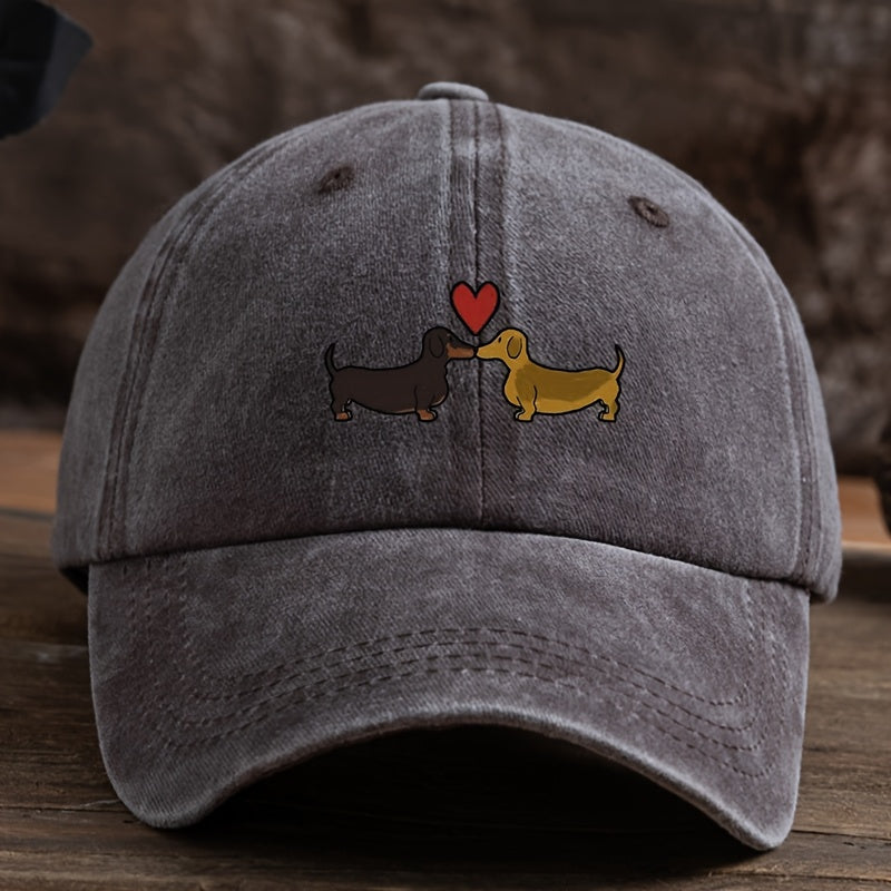 1 Vintage-Style Black Baseball Cap with Adorable Dachshund & Heart Cartoon Print - Breathable, Sun-Protective, Machine Washable Textured Fabric Hat for Outdoor Fashion