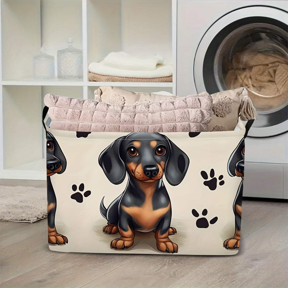 1pc Dachshund Art Print 2D Flat Themed Foldable Storage Basket | Extra Large Organizer with Sturdy Handles, Ideal for Laundry, Clothes, and Gifts, Made of Polyester, Shelf Baskets