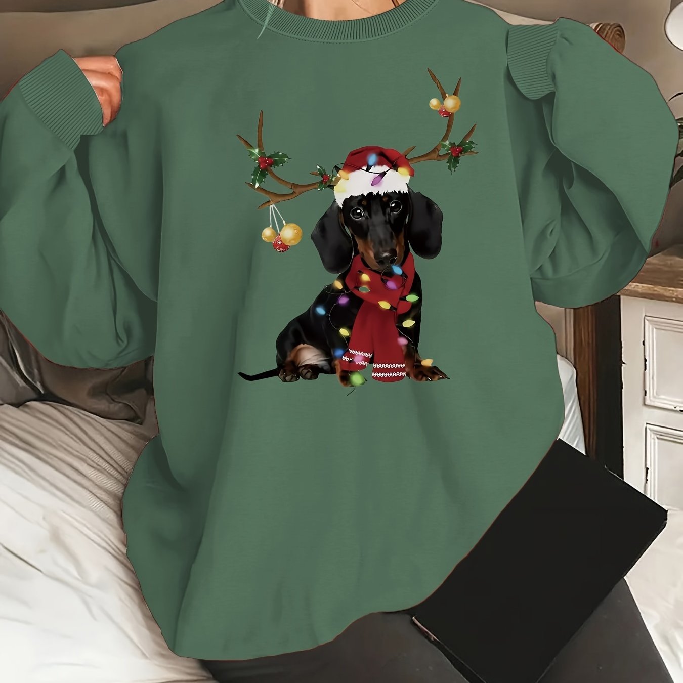 Cozy Women's Festive Dachshund Print Sweatshirt - Polyester Crew Neck Casual Knit Fabric Animal Pattern Regular Length Fashion Top for All Seasons