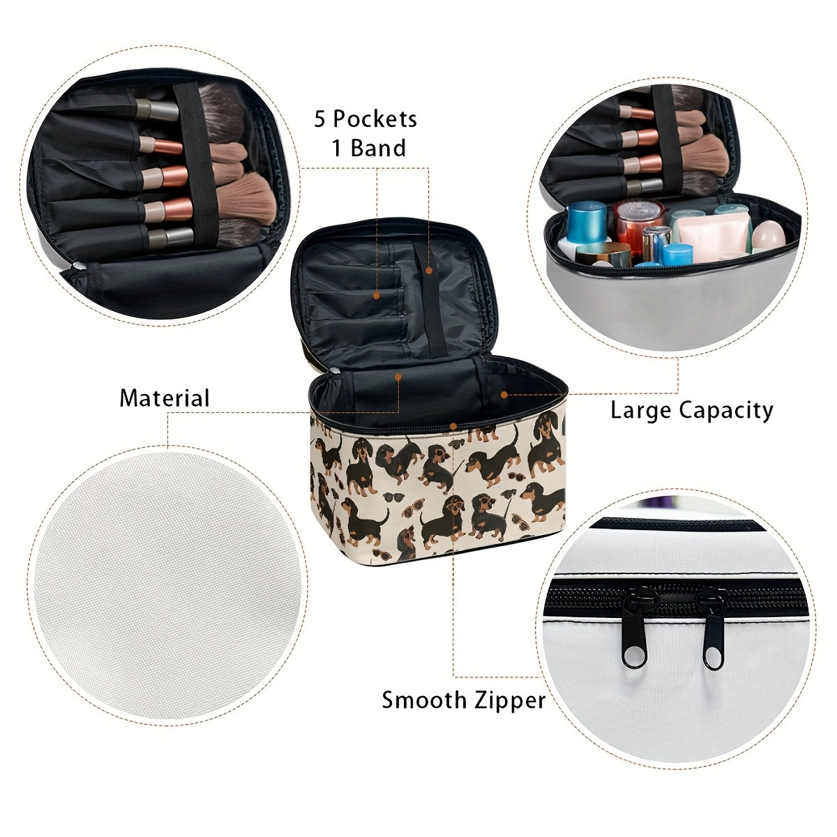 1pc Dachshund & Cat Pattern Handbag Cosmetic Bag, Portable Travel Makeup Organizer with Brush and Accessory Storage, Large Capacity Toiletry Case, Cute Fashionable Polyester Makeup Pouch