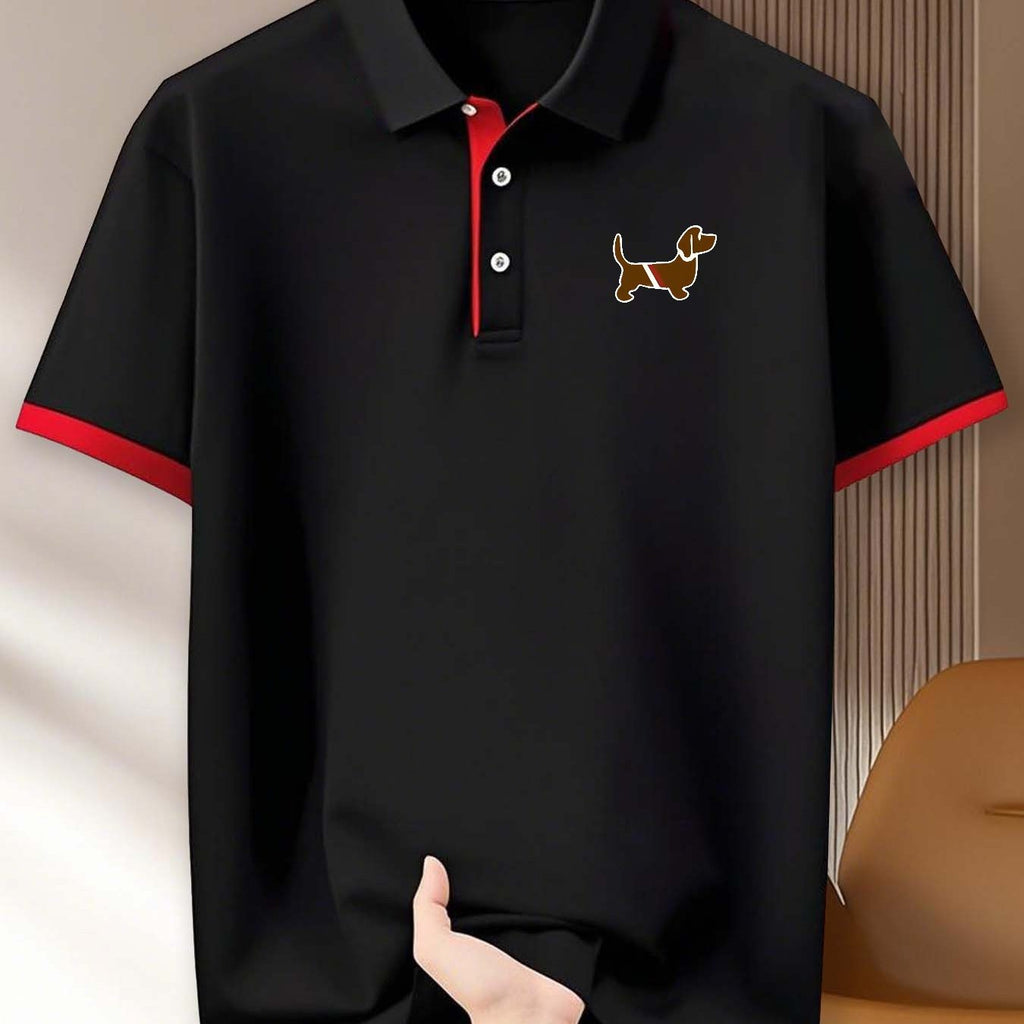 Dachshund Print Men'S Casual Polo Shirt, Short Sleeve for Summer, 100% Polyester, Vacation And Leisure, Comfortable Outdoor Golf Wear, Suitable for Gym, Fitness, Running, And Training, Business Casual Gift for Father And Boyf