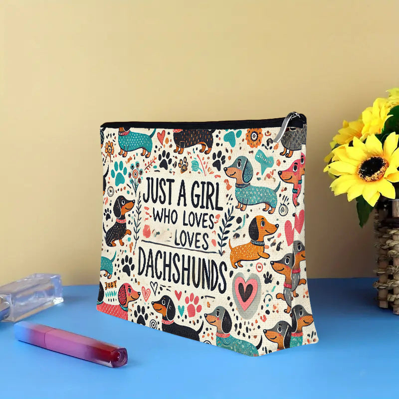 Dachshund-Themed Linen Makeup Bag - "Just a Girl Who Loves Dachshunds" Design, Odorless, Secure Zipper Closure, Multi-Functional Travel Cosmetic Pouch for Women, Ideal Gift for Christmas, Birthdays, Graduations, Travel Makeup