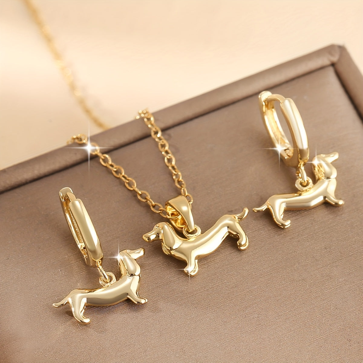 3pcs Vintage Copper Dachshund Pendant Necklace and Earrings Set, Cute Animal Jewelry for Women, Ideal for Daily Wear and Gifting, Perfect for Valentine'S Day - All Seasons Accessory