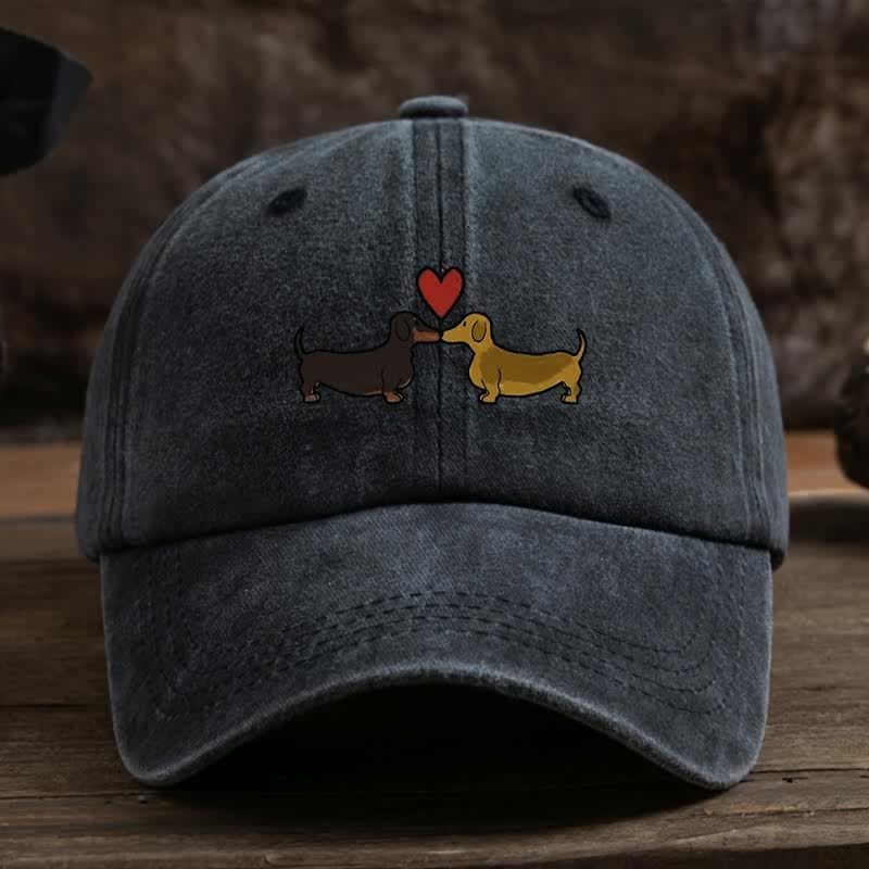 1 Vintage-Style Black Baseball Cap with Adorable Dachshund & Heart Cartoon Print - Breathable, Sun-Protective, Machine Washable Textured Fabric Hat for Outdoor Fashion