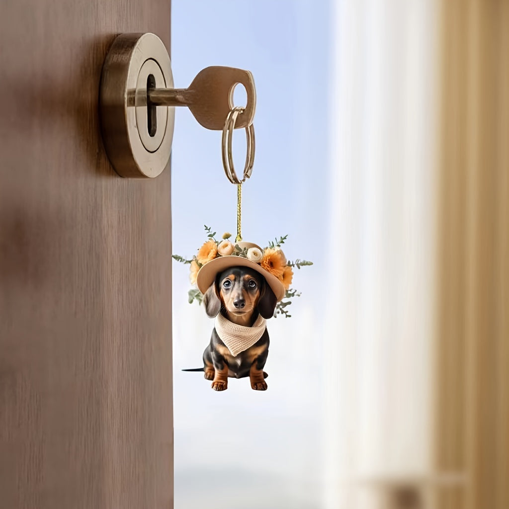 Dachshund Acrylic Hanging Ornament – Festive Doxie Charm for Cars, Trees, & Bags