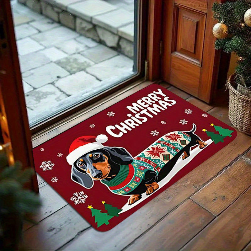 Festive Dachshund Christmas Doormat - Non-Slip Soft Indoor/Outdoor Entry Mat with Cute Dachshund in Santa Hat & Sweater, Plaid & Snowflake Design, "Merry Christmas" Lettering - Machine Washable Holiday Home Decor for Front Do