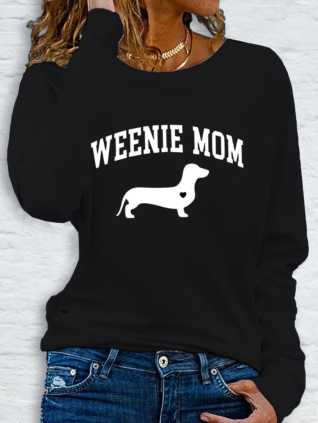 1pc Women'S Casual Long Sleeve T-Shirt with "Weenie Mom" Dachshund Print, Polyester Crew Neck Top for Spring & Fall, Regular Fit Letter Print Tee