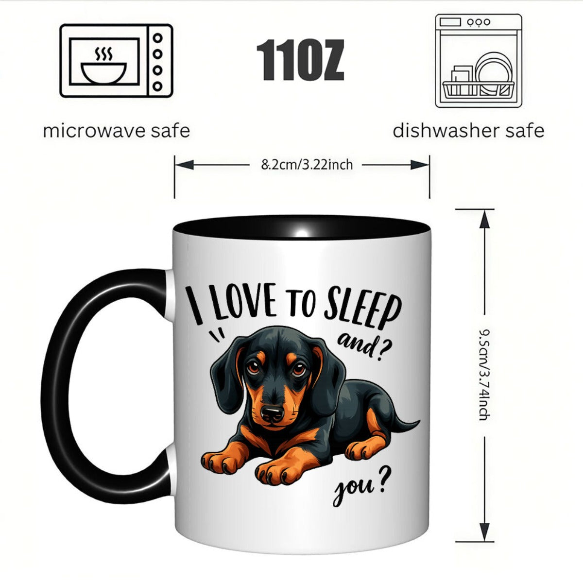 Adorable taza con un perro salchicha y la divertida frase "Me encanta dormir", perfecta para los amantes del café y el té. Un regalo ideal para fans, con un diseño divertido con un gráfico de perro salchicha.
